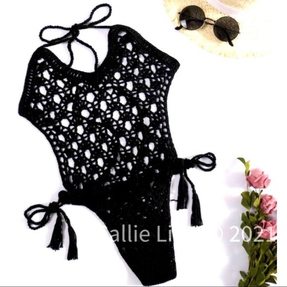 Callie Lives Black Crochet Bohemian Monokini Swimsuit - Picture 1 of 4